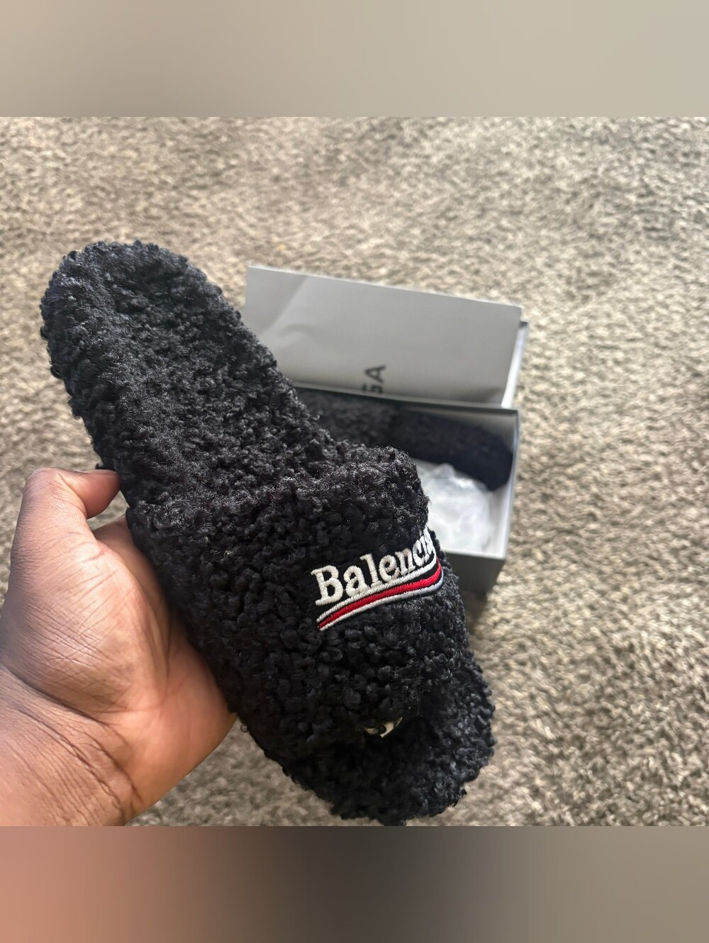 Balenciaga Black Shearling Slide with White & Red Logo Stripe